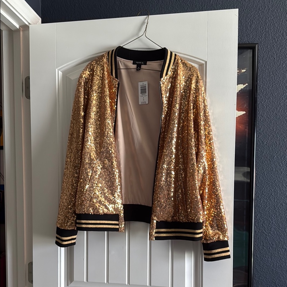 Torrid Gold Sequin Bomber Jacket with Sporty Ribbed Accents